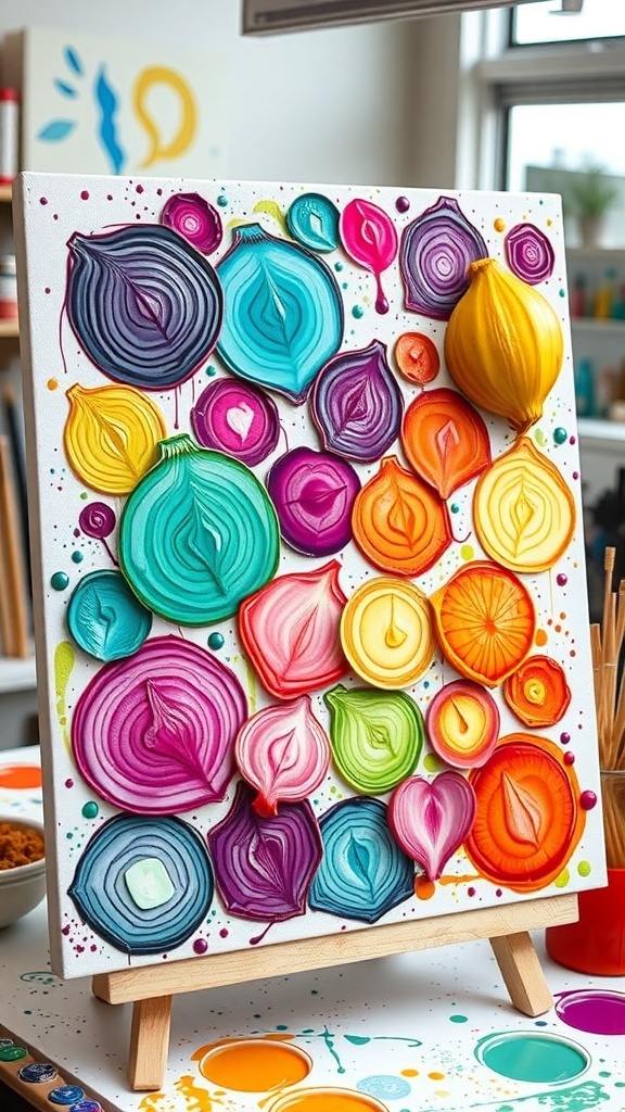 Colorful onion impression painting with various patterns and textures on canvas.